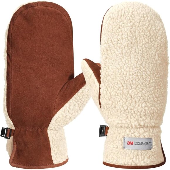 ⚡Women's Beige Genuine Suede Outdoor Mitt Thermal Lined Finger Liners Mitten - Picture 1 of 7